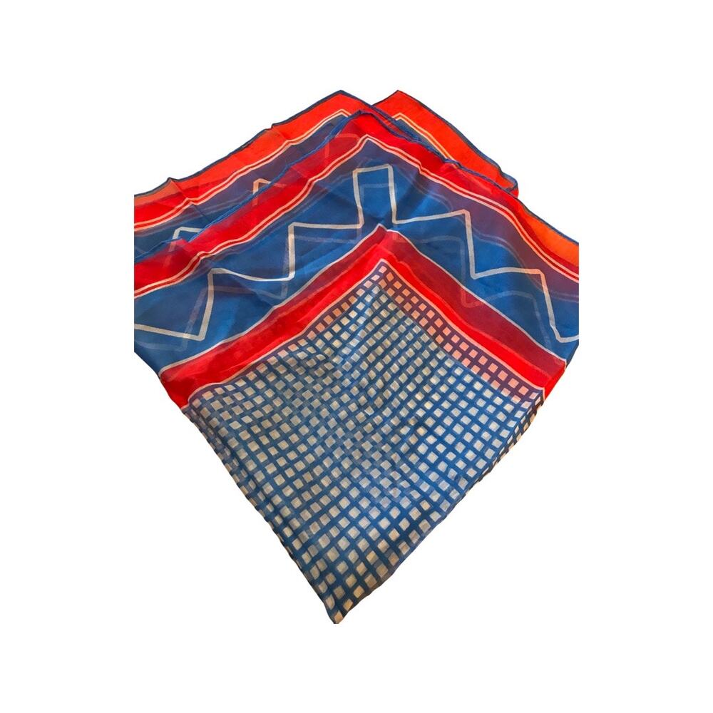 Vintage Sheer Blue and Red Scarf, Light Weight Thin Neck Scarf - Picture 6 of 7